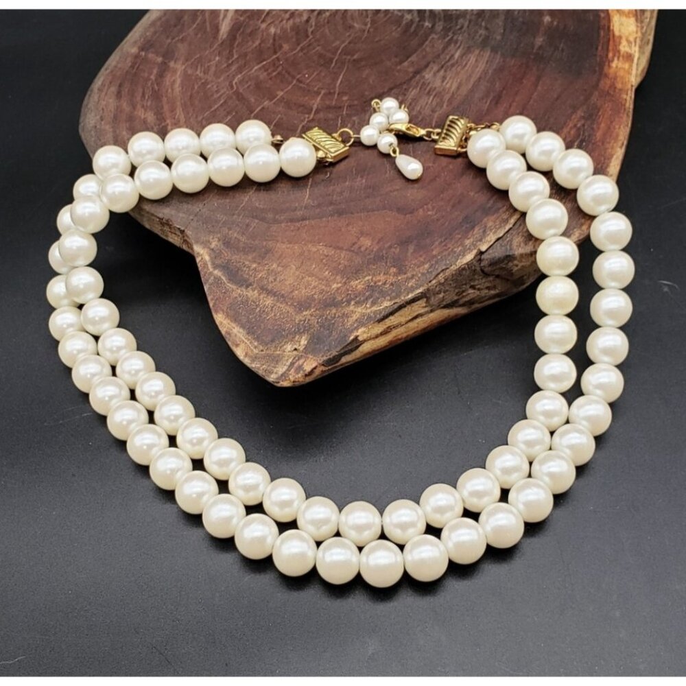 Vintage Faux Pearl Double Strand Necklace 17–18" Gold Tone Lobster Clasp